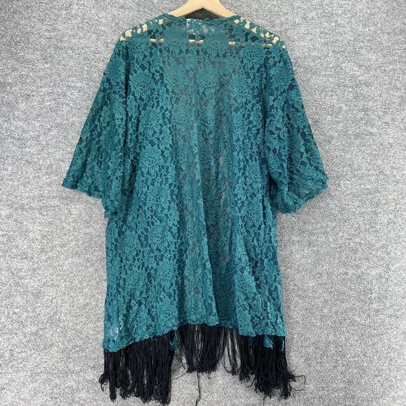 LulaRoe Top Women L Large Blue Floral Crochet Fringe Short Sleeve Open Front - Picture 2 of 9